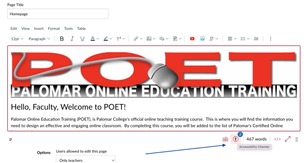 This is a screenshot of a Canvas course called POET. It has a red arrow pointing toward the Canvas accessibility checker on the bottom, right-hand side of the page.