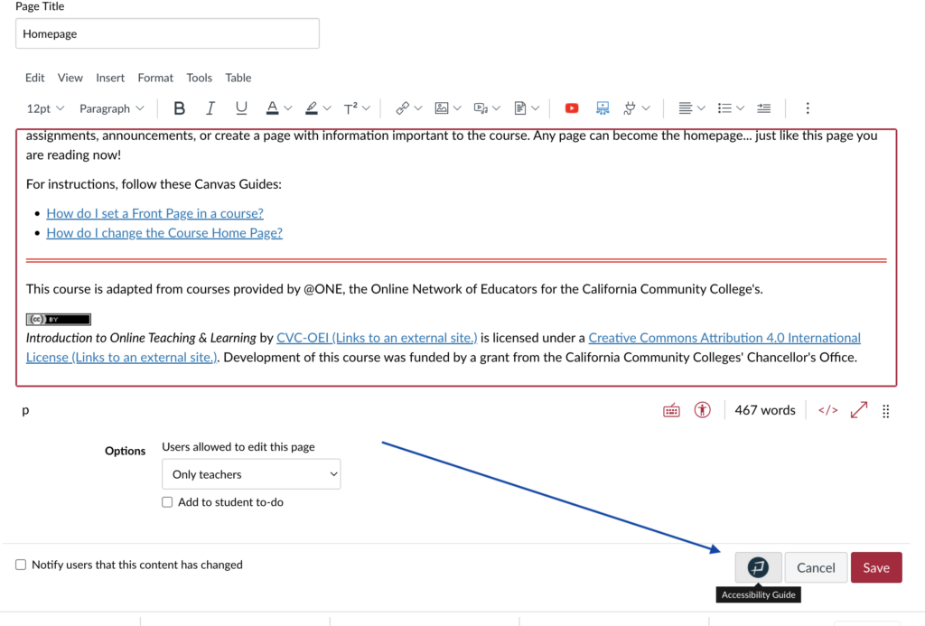 This photo is a screenshot of a Canvas Page showing that the PopeTech accessibility checker is located on the bottom, right-hand side of the editing page near the Save button.