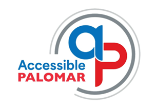 Accessible Palomar logo featuring a stylized lowercase 'a' in blue and 'p' in red joined together, encircled by a partial grey ring. The words 'Accessible' in blue and 'PALOMAR' in red are placed to the left of the letters.