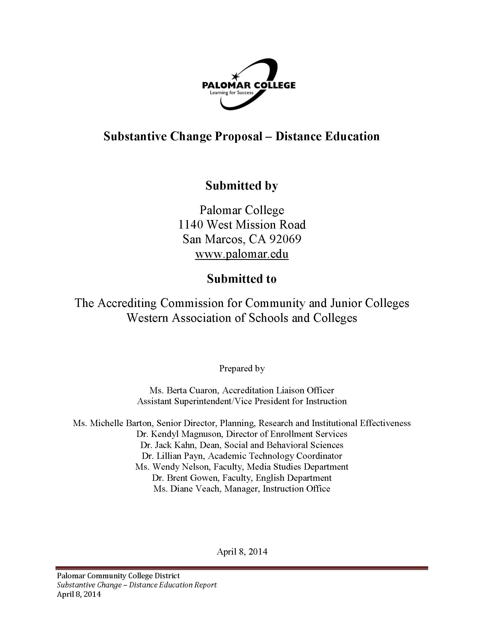 Rancho Bernardo Substantive Change Report Cover 