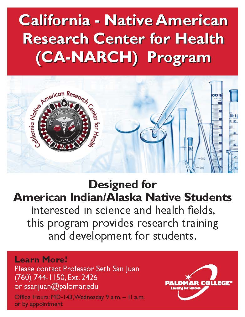 California Native AMerican Research Center for Health Program. Designed for American Indian/Alaska Native Students.  Please contact Professor Seth San Juan 760-744-1150 x2426 or email ssanjuan@palomar.edu