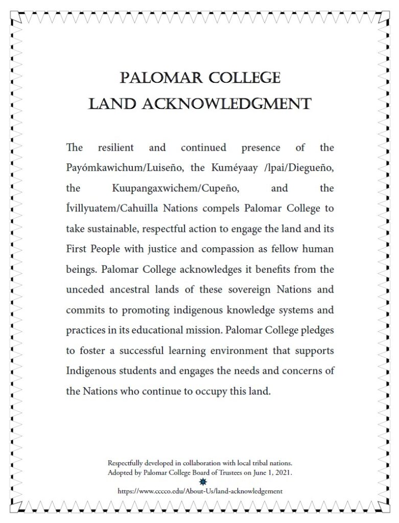 Palomar College Land Acknowledgement, adopted June 1, 2021.
