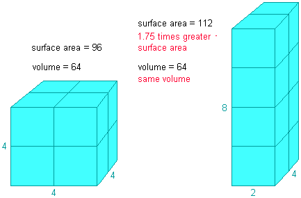 drawing showing a comparison of different shaped box surface areas and volumes illustrating Allen's rule--a 4 by 4 cube has a surface area of 96 and a volume of 64, while an elongated box 2 by 4 by 8 has a surface area of 112 and a volume of 64;  in other words, both boxes have the same volume, but the elongated one has 1.75 times greater surface area