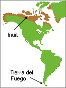 map of the Americas showing the Inuit territory at the far north of North America  and Tierra del Fuego at the far south of South America