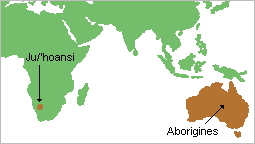 map of Africa, South Asia, and Australia showing the !Kung and Australian Aborigine Territories--the !Kung are in Southwest Africa, while the Aboringines once occuppied all of Australia