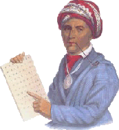 Historic painting of Sequoyah holding his syllabary for a Cherokee writing sytem