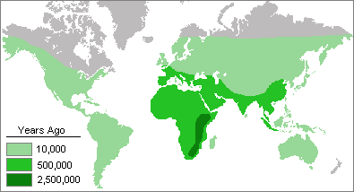 map of the world showing the expansion of humanity out of Africa into the the rest of the world as a result of new cultural technology