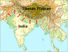 Map of India forcing up the himmalayas and the Tibetan Plateau