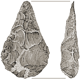 19th century drawing of a well shaped prehistoric hand ax in front and side views