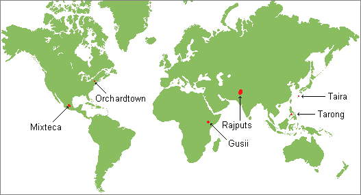 map of the world showing the location of Orchardtown, the Mixteca, Gusii, Rajuputs, Tarong, and Taira