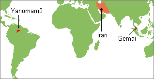 world map with the Yanomam� and Semai homelands and Iran highlighted