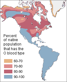 map of the Americas showing the distribution of the O blood type allele among indigenous peoples