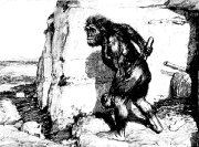 early 20th century drawing of an ape-like man carrying a club--this was an incorrect assumption about what our early human ancestor looked like