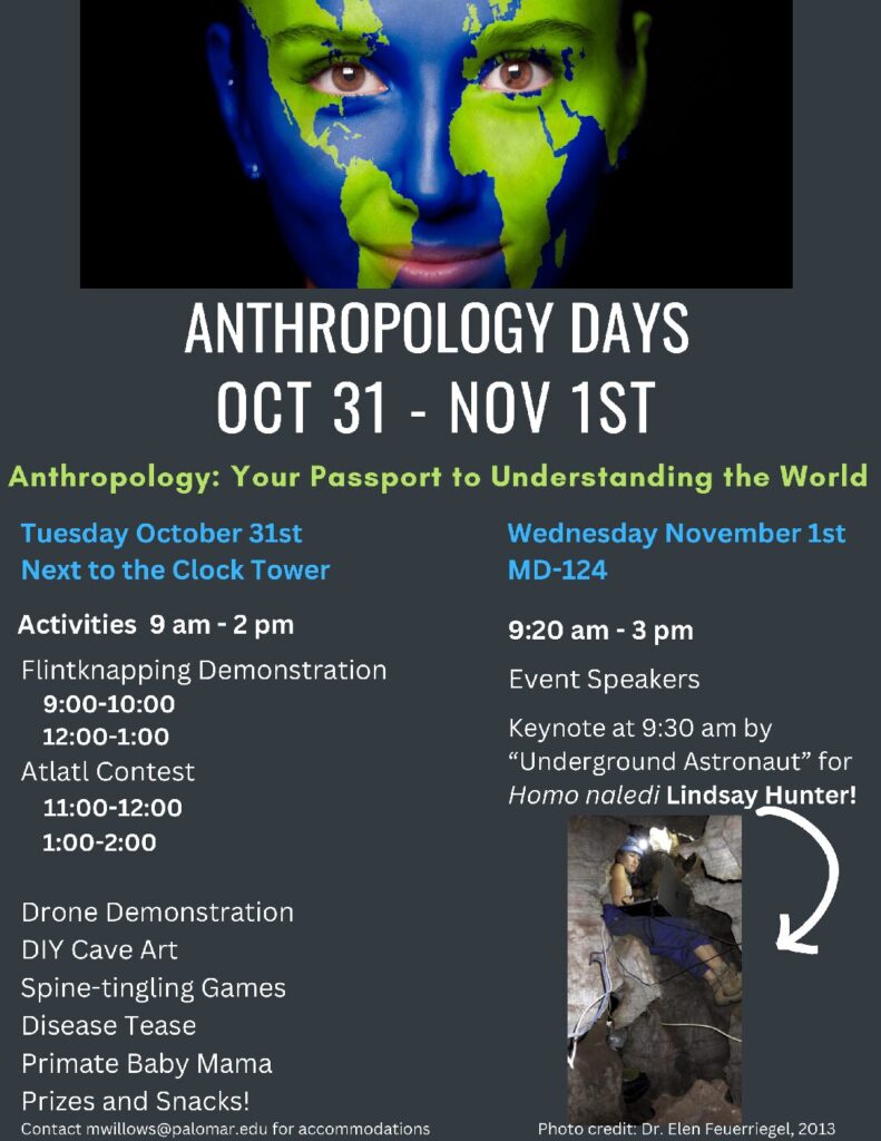 Woman with painted face of continents at the top, underneath it states Anthropology Days October 31 - November 1 and activities