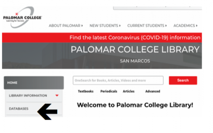arrow pointing to where to find database page on library website