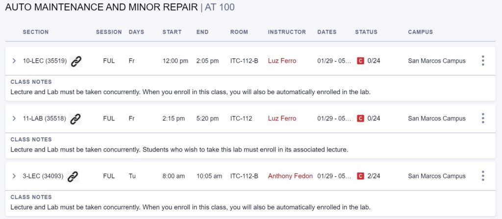 Auto Classes Schedule