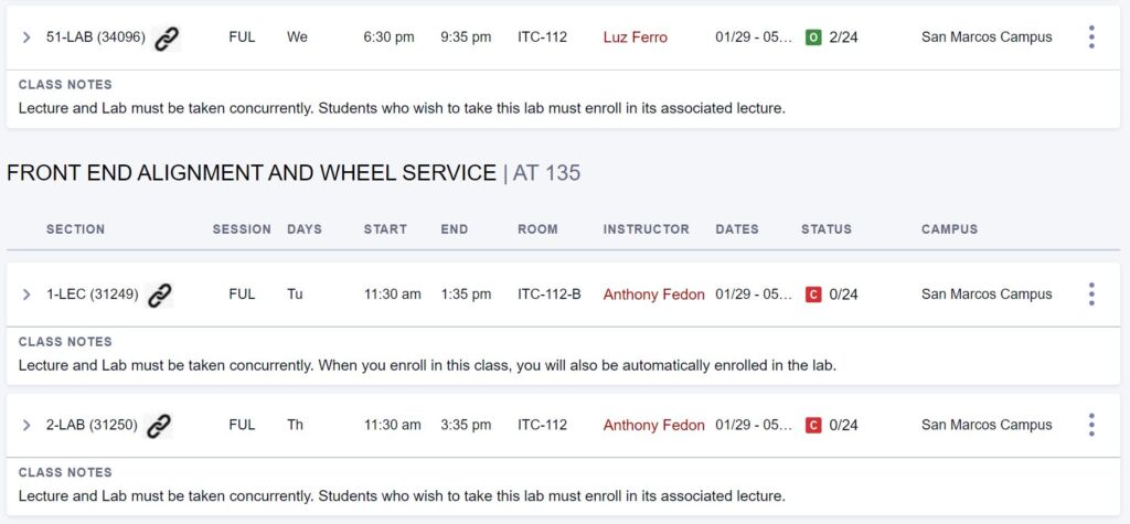 Auto Classes Schedule