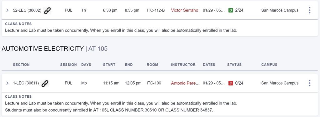 Auto Classes Schedule