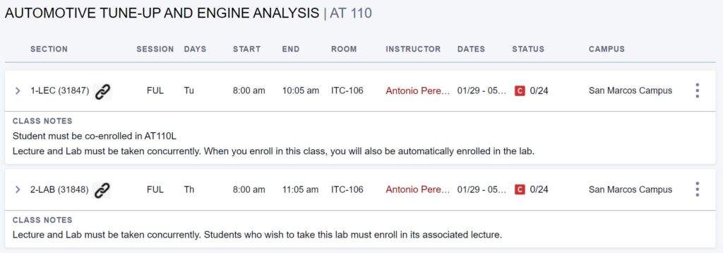 Auto Classes Schedule