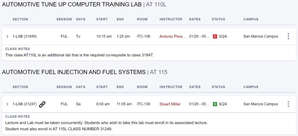 Auto Classes Schedule