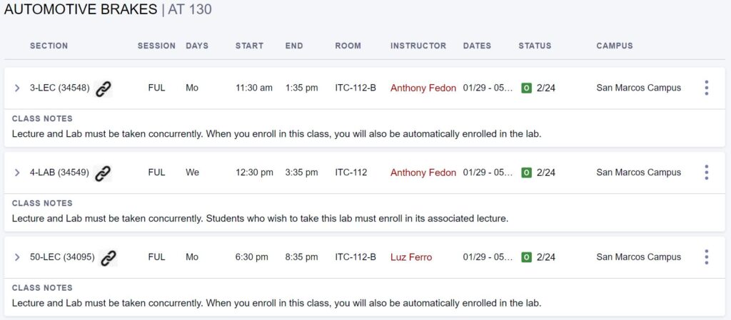 Auto Classes Schedule