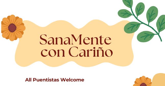Banner with orange flowers and green twig surrounded by title: SanaMente con Carino