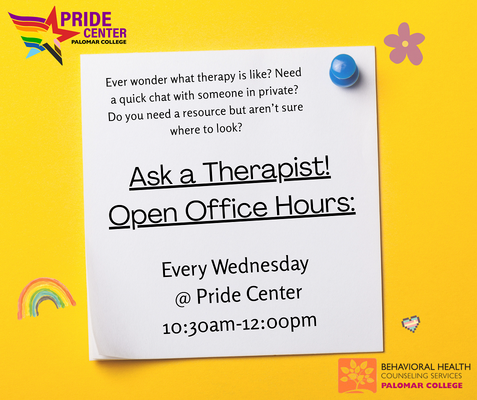 A white poster on a bright yellow background details an "Ask a Therapist! Open Office Hours" event at Pride Center, every Wednesday from 10:30am to 12:00pm. Features logos for Pride Center and Behavioral Health Counseling Services of Palomar College.