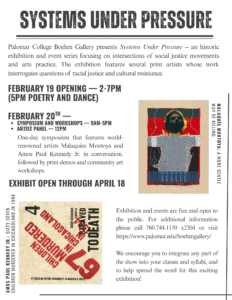 SYSTEMS UNDER PRESSURE
Palomar College Boehm Gallery presents Systems Under Pressure -- an historic exhibition and event series focusing on intersections of social justice movements and arts practice. The exhibition features several print artists whose work interrogates questions of racial justice and cultural resistance.
FEBRUARY 19 OPENING - 2-7PM
(5PM POETRY AND DANCE)
FEBRUARY 20TH -
• SYMPOSIUM AND WORKSHOPS - 9AM-5PM
• ARTIST PANEL — 12PM
One-day symposium that features world-renowned artists Malaquías Montoya and Amos Paul Kennedy Jr. in conversation, followed by print demos and community art workshops.
EXHIBIT OPEN THROUGH APRIL 18
AMOS PAUL KENNEDY JR.: SIXTY-SEVEN
CHILDREN MURDERED IN CHICAGOLAND IN 1994
CHICAGO
4
ROBIN BUCHANAN
3 MONTHS
(SARAVED
TODEATH
Exhibition and events are free and open to the public. For additional information please call 760.744.1150 x2304 or visit https://www.palomar.edu/boehmgallery/
NIMOTIHO
IT TAKES AM
ENTIRE GOI
We encourage you to integrate any part of the show into your classes and syllabi, and to help spread the word for this exciting exhibition!
Share this email in Google Chat
Discuss in real time with an individual, group, space, or even someone outside your organization
