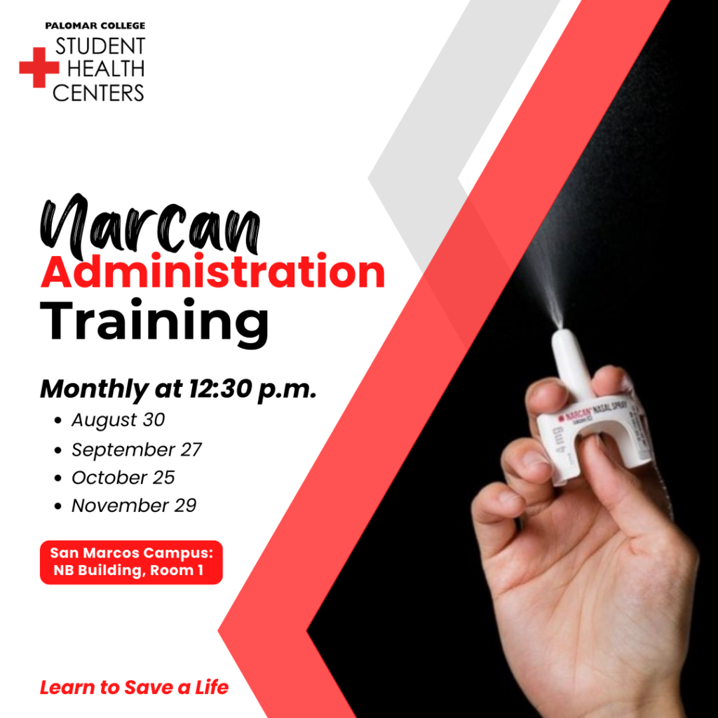 Image of hand with nasal spray and text: Narcan Administration Training