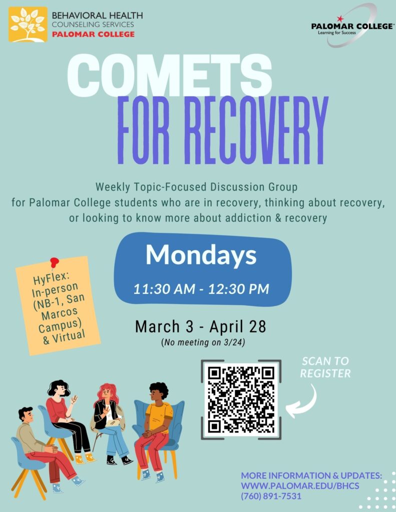 Group of 4 individuals engaging in discussion with text Comets for Recovery - weekly discussion group held Mondays 11:30-12:30pm in NB-1 and via Zoom.