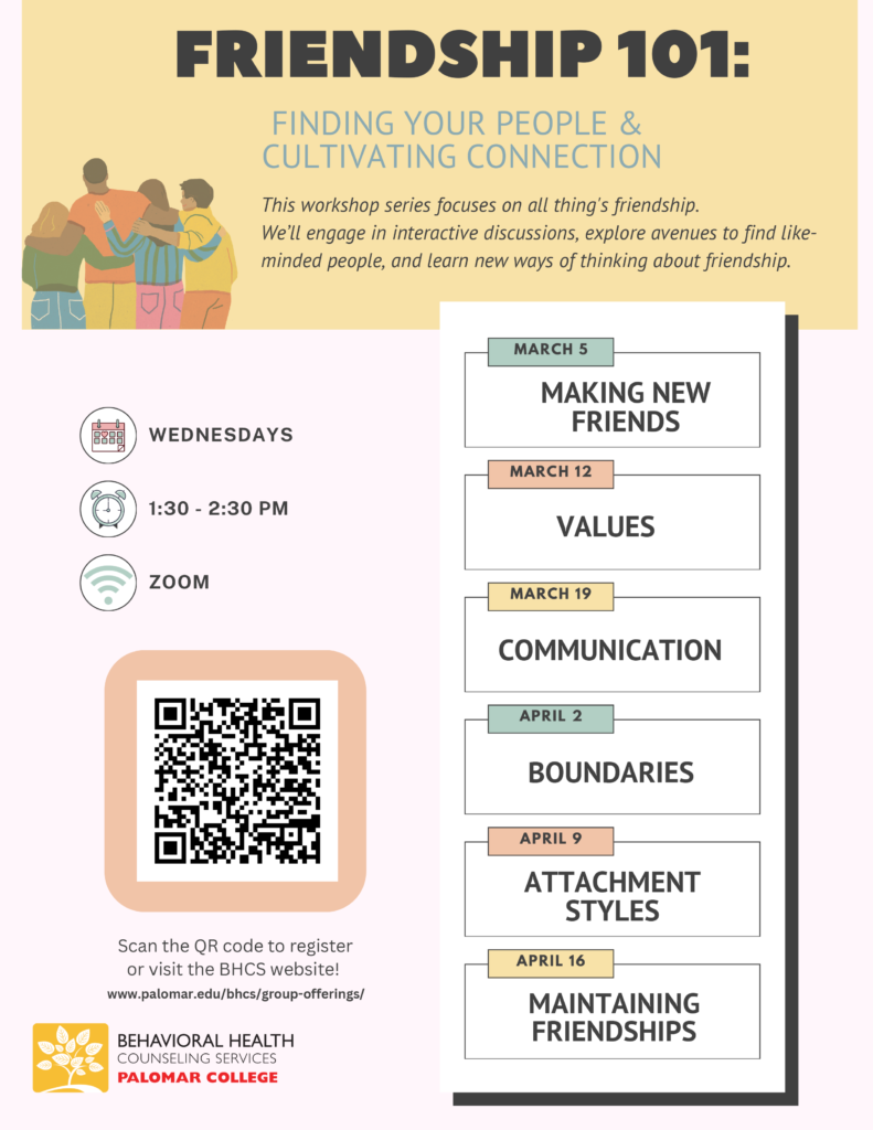 Group of friends with title Friendship 101: Finding your People & Cultivating Connection, workshop series focused on all things friendship held via Zoom on Wednesdays 1:30-2:30pm.