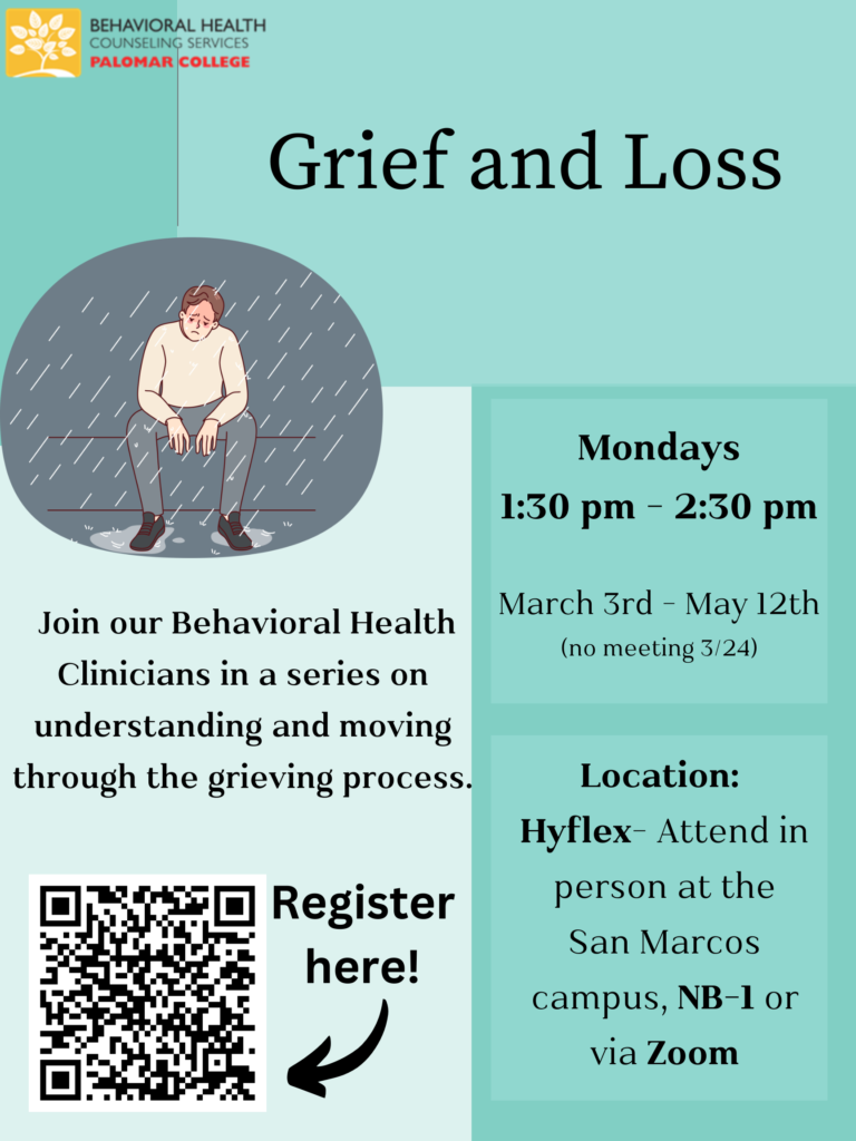 Sad individual sitting in the rain with title: Grief and Loss. Text: join behavioral health clinicians in a series on understanding and moving through the grieving process on Mondays 1:30-2:30pm in NB-1 or via zoom.