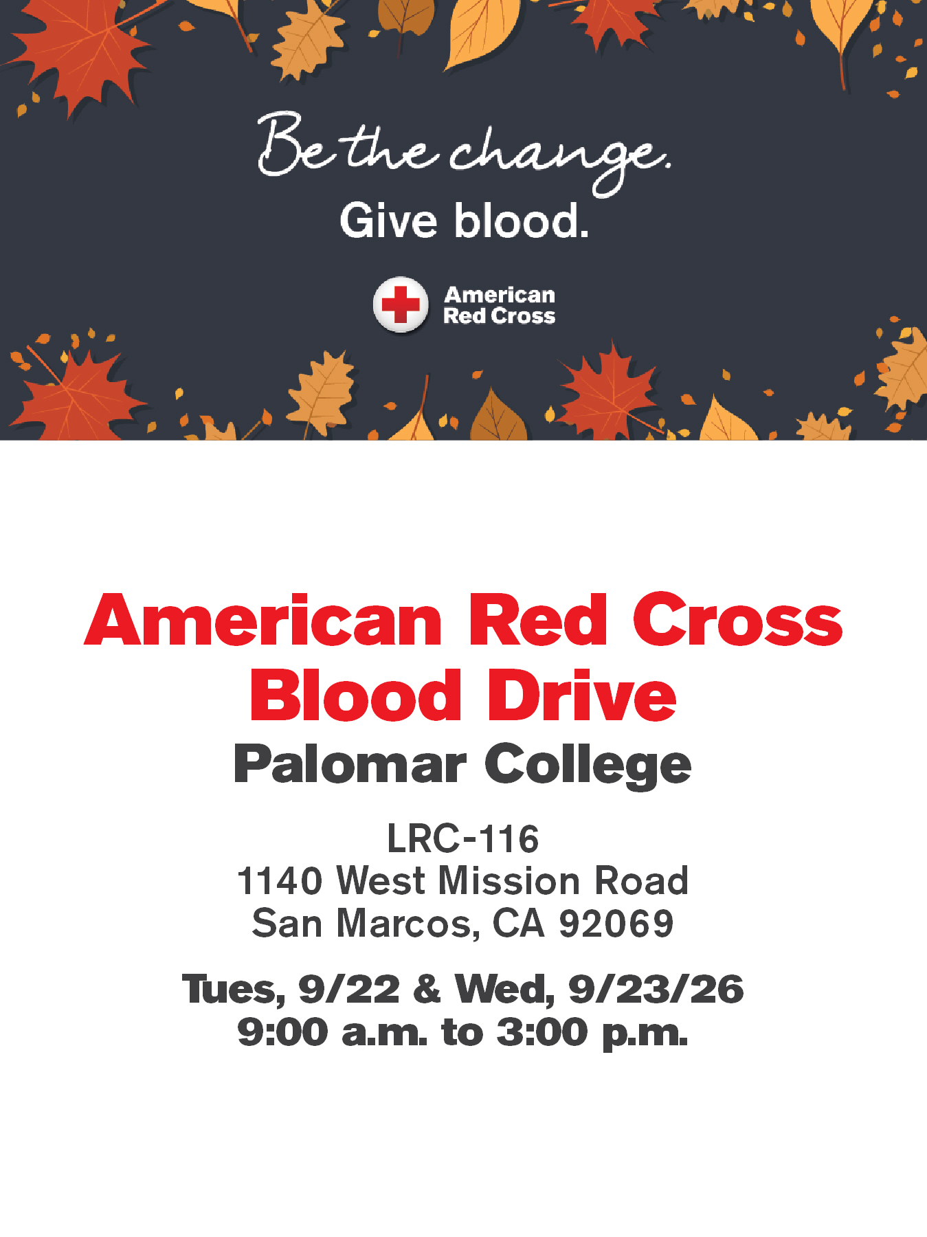 American Red Cross blood drive flyer for Palomar College, held September 22 and 23, 2026, from 9:00 a.m. to 3:00 p.m. at LRC-116.