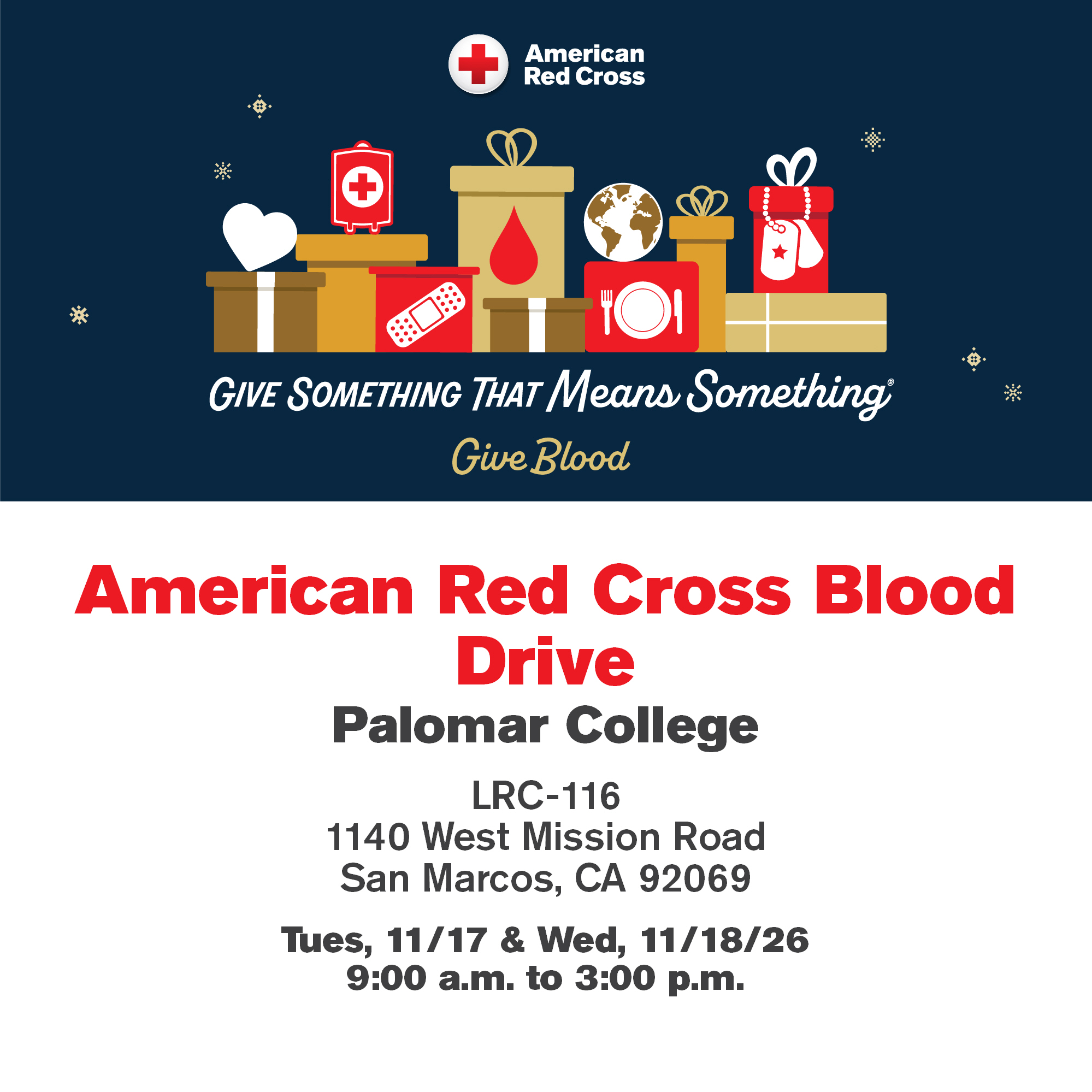 American Red Cross blood drive flyer with gift-box illustrations and event details for Palomar College on November 17–18, 2026.