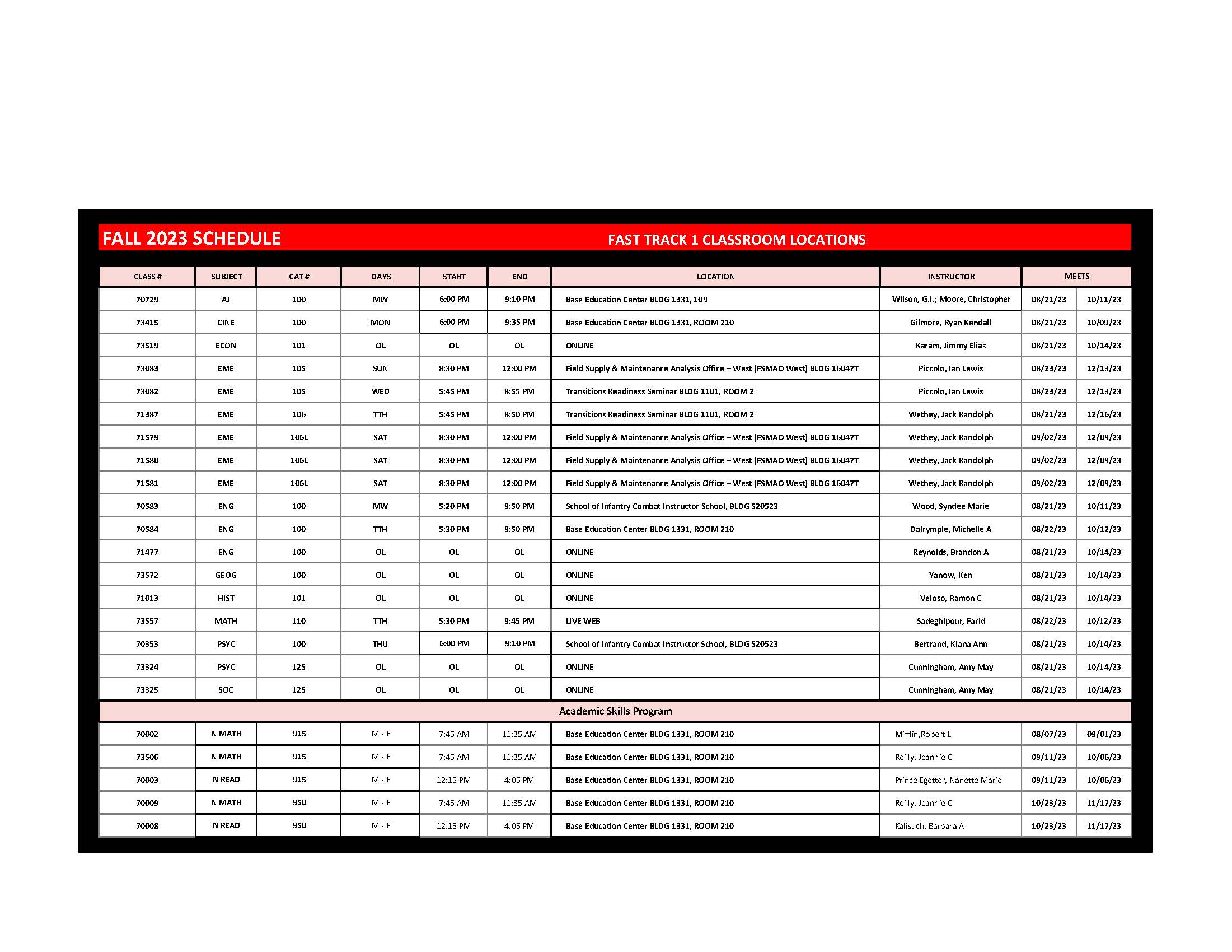 Fall 2023 Schedule