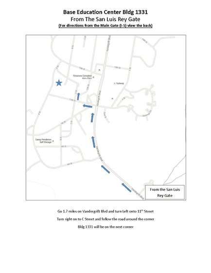 Map 2: From the San Luis Rey Gate
Map showing directions to Base Education Center Building 1331 from the San Luis Rey Gate. The route starts at the San Luis Rey Gate at the bottom right of the map and follows Vandergrift Boulevard north for approximately 1.7 miles. The path turns left onto 11th Street, then right onto C Street, where the road curves around a corner. A star symbol marks Building 1331 at the next corner near the intersection of C Street and 11th Street. Nearby landmarks include Firestone Complete Auto Care and Camp Pendleton Self Storage. Blue arrows show the direction of travel along the route.