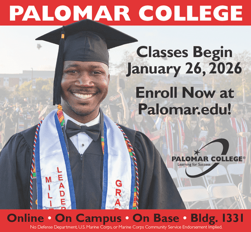 Smiling graduate wearing a cap and gown with honor stoles in front of a Palomar College graduation crowd. Text reads: ‘Palomar College. Classes begin January 26, 2026. Enroll now at palomar.edu. Online, on campus, on base, Bldg. 1331