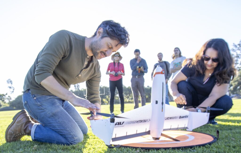 Students in the Drone Applications and Technologies program set up a specialized fixed-wing UAS platform for hands-on field practice and remote sensing data analysis.