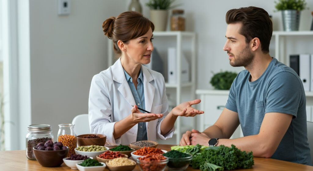 A female nutritionist in a white lab coat gestures toward bowls of healthy ingredients while consulting with a young male client at a wooden table filled with fresh greens, grains, and berries.