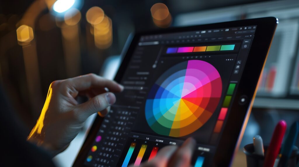 An artist interacting with a digital imaging color picker interface on a tablet screen during a photo editing workflow.