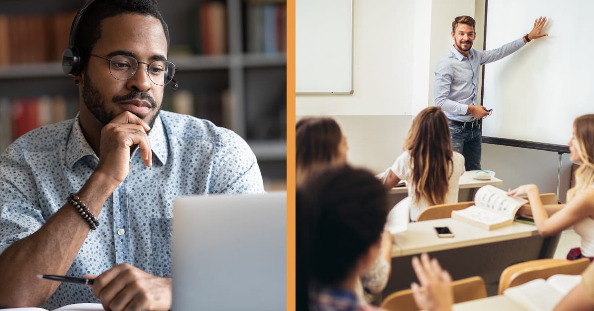 Split image with one student listening to a lecture on his laptop and the other is an instructor leading a lesson in a classroom
