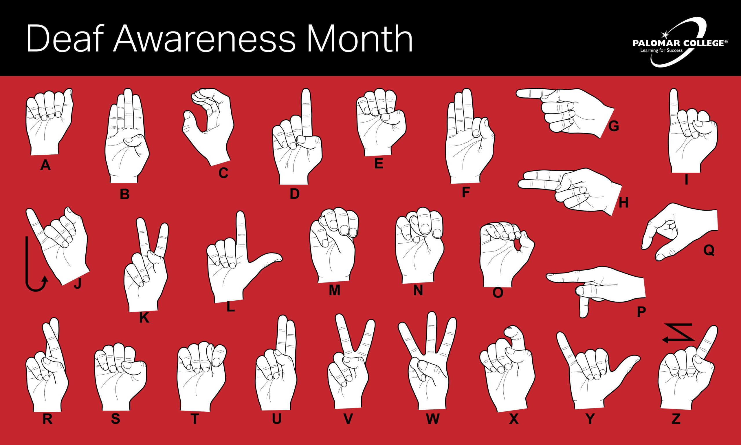 An illustrated American Sign Language (ASL) alphabet chart for Deaf Awareness Month. Each letter from A to Z is represented by a white hand demonstrating the corresponding ASL sign against a red background. The title "Deaf Awareness Month" appears at the top in white text on a black banner, and the Palomar College logo with the tagline “Learning for Success” is displayed in the upper right corner.