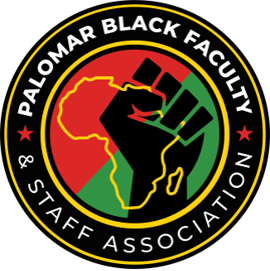 Circular logo for the Palomar Black Faculty & Staff Association. The center features a raised Black fist overlaid on a red, green, and black map of Africa. The surrounding text reads "Palomar Black Faculty & Staff Association" in bold white letters on a black ring, with red and green stars on either side.