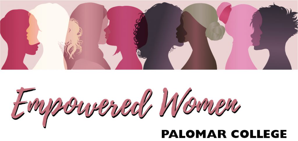 Illustration of diverse women's silhouettes in various shades of pink, brown, and purple, representing different hairstyles and profiles. Below the artwork, the text reads “Empowered Women” in a bold pink script font, and “Palomar College” in all caps, black sans-serif font.