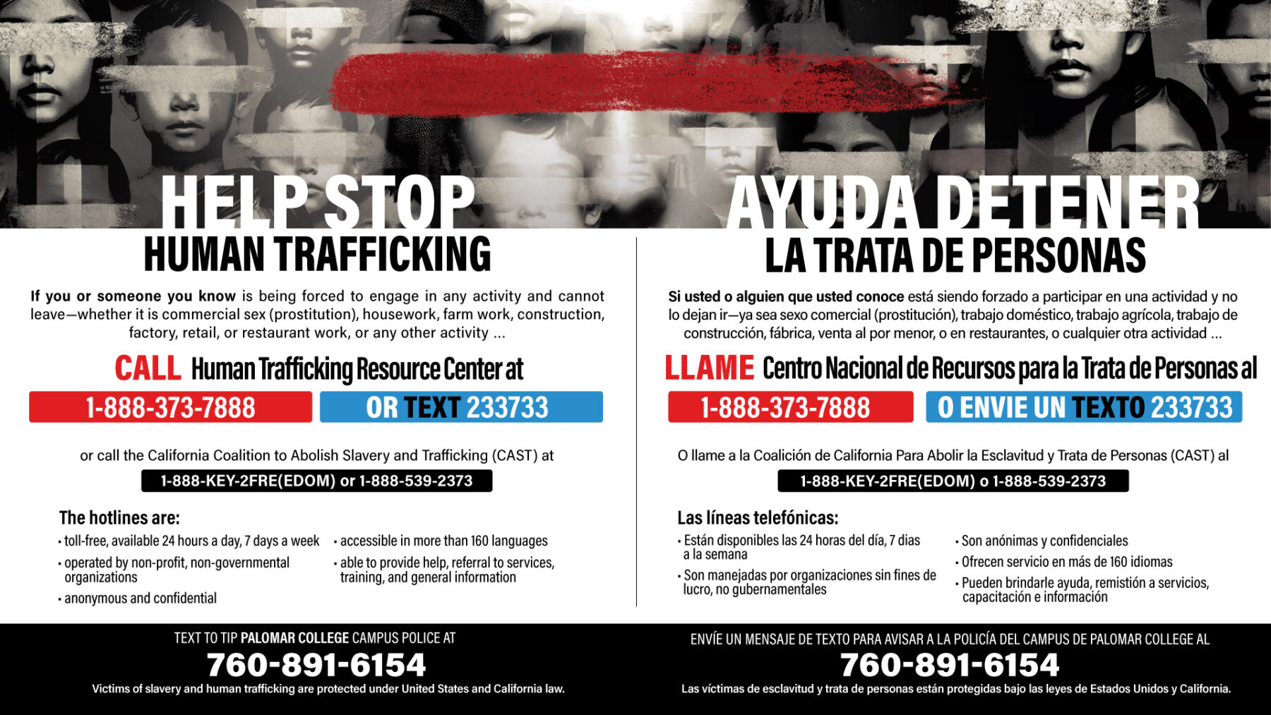 Flyer to help stop human trafficking with information to resources.