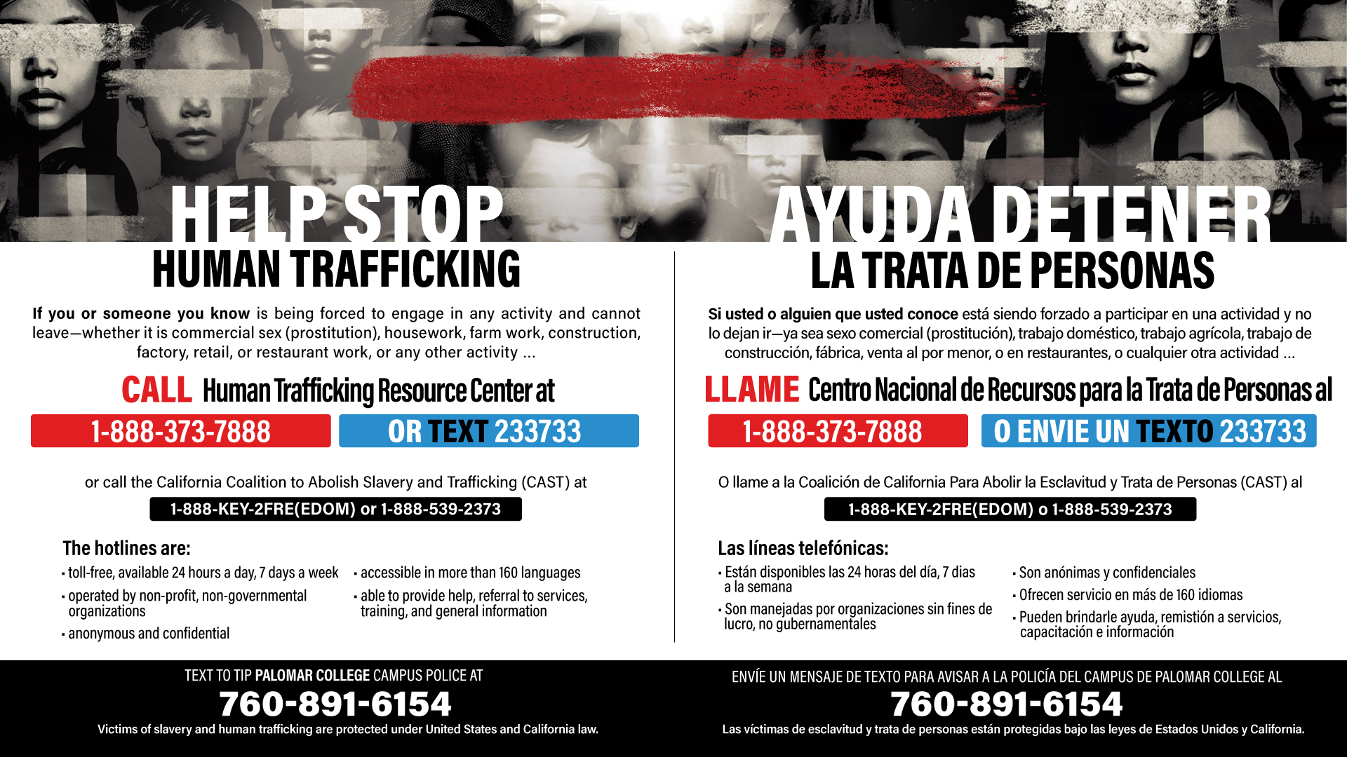 Flyer to help stop human trafficking with information to resources.