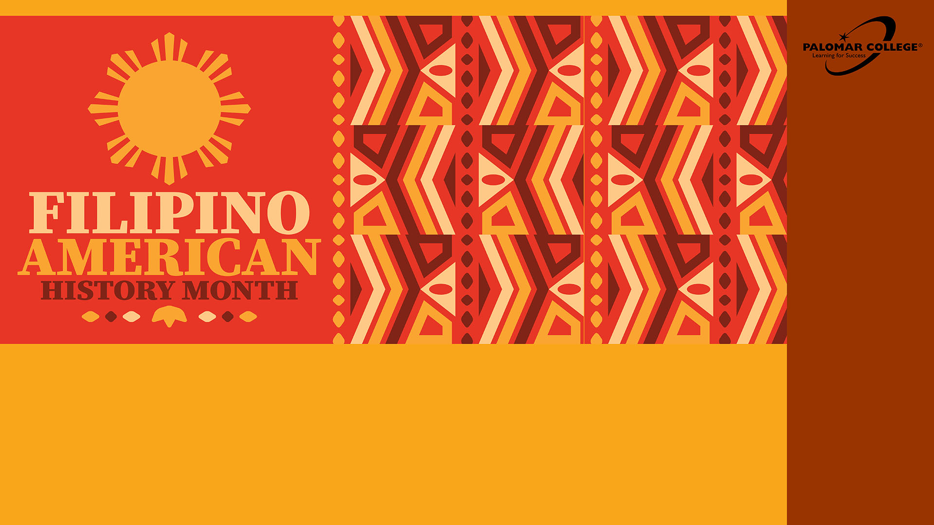 Zoom background with a sun and red, orange, and yellow geometric patterns, with text reading “Filipino American History Month.” Palomar College logo on the right.