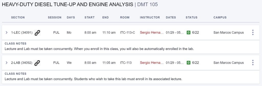 Diesel Mechanics Technology schedule