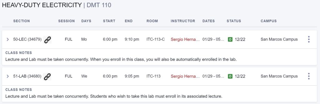 Diesel Mechanics Technology schedule