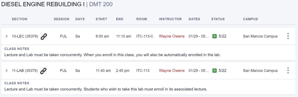 Diesel Mechanics Technology schedule